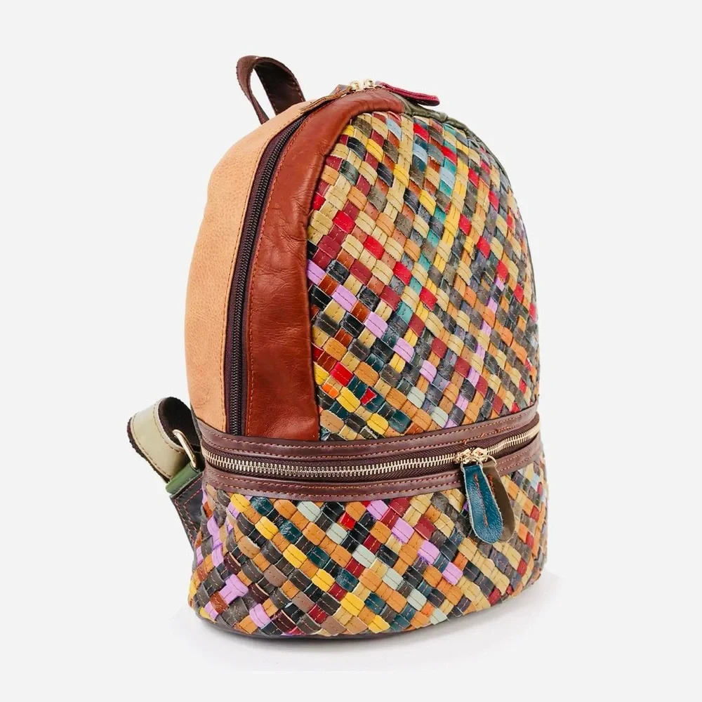SOLD - Genuine Leather Multicolor Woven Backpack - Picture 2 of 3